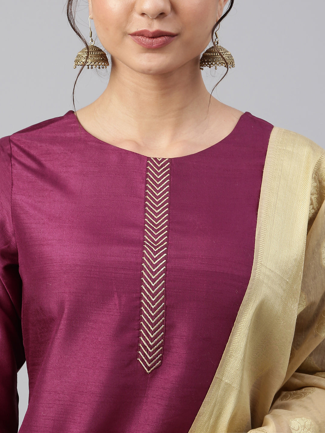 Janasya Women's Wine Poly Silk Embellished Kurta With Pant And Dupatta | Swadesiicart