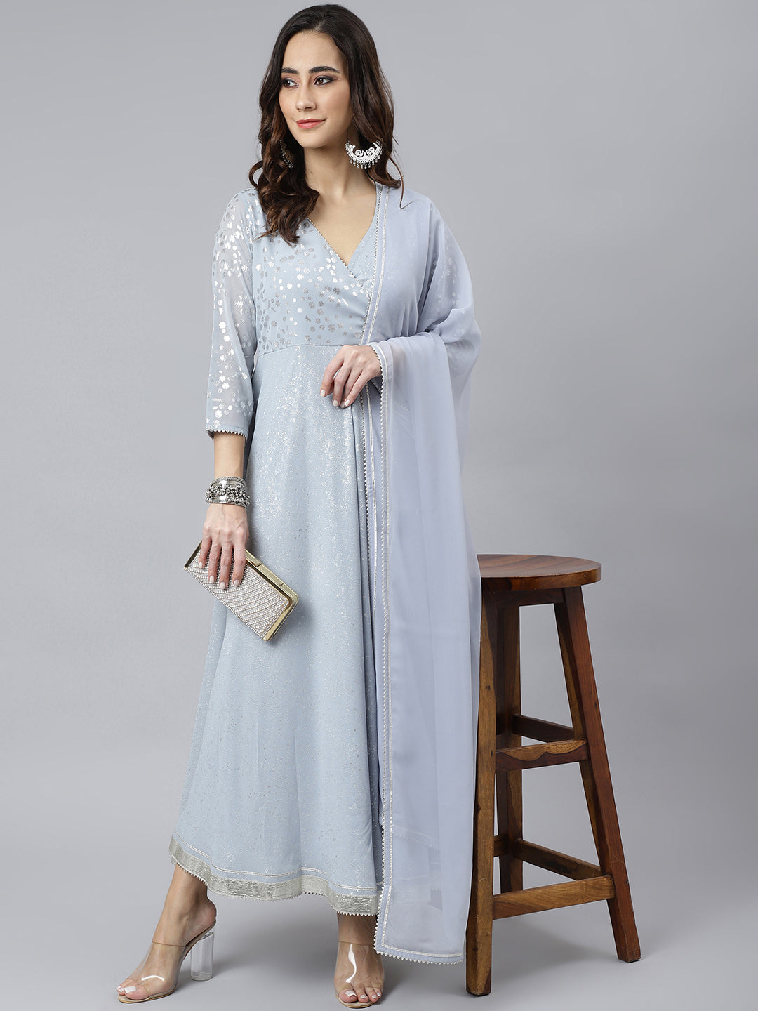 Janasya Women's Grey Georgette Foil Print Kurta With Dupatta | Swadesiicart