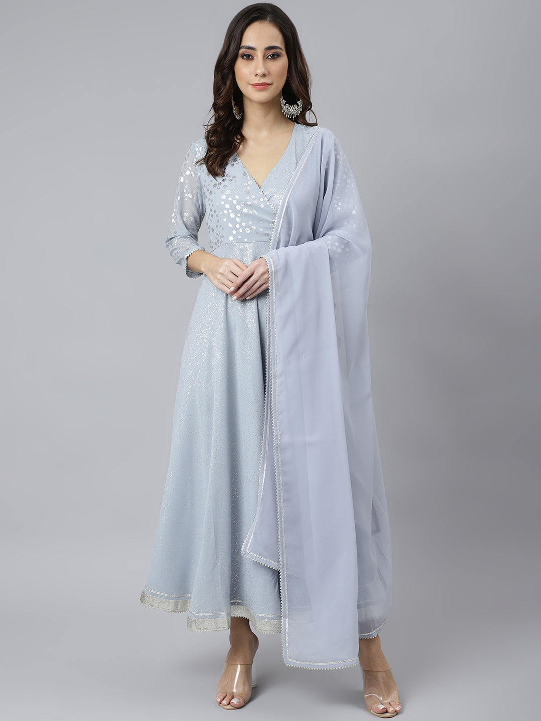 Janasya Women's Grey Georgette Foil Print Kurta With Dupatta | Swadesiicart