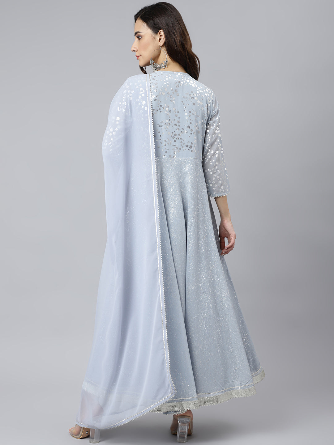 Janasya Women's Grey Georgette Foil Print Kurta With Dupatta | Swadesiicart