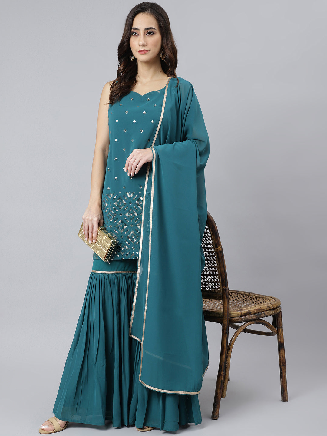 Janasya Women's Teal Georgette Embossed Gold Print Top With Gharara And Dupatta | Swadesiicart