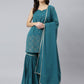 Janasya Women's Teal Georgette Embossed Gold Print Top With Gharara And Dupatta | Swadesiicart