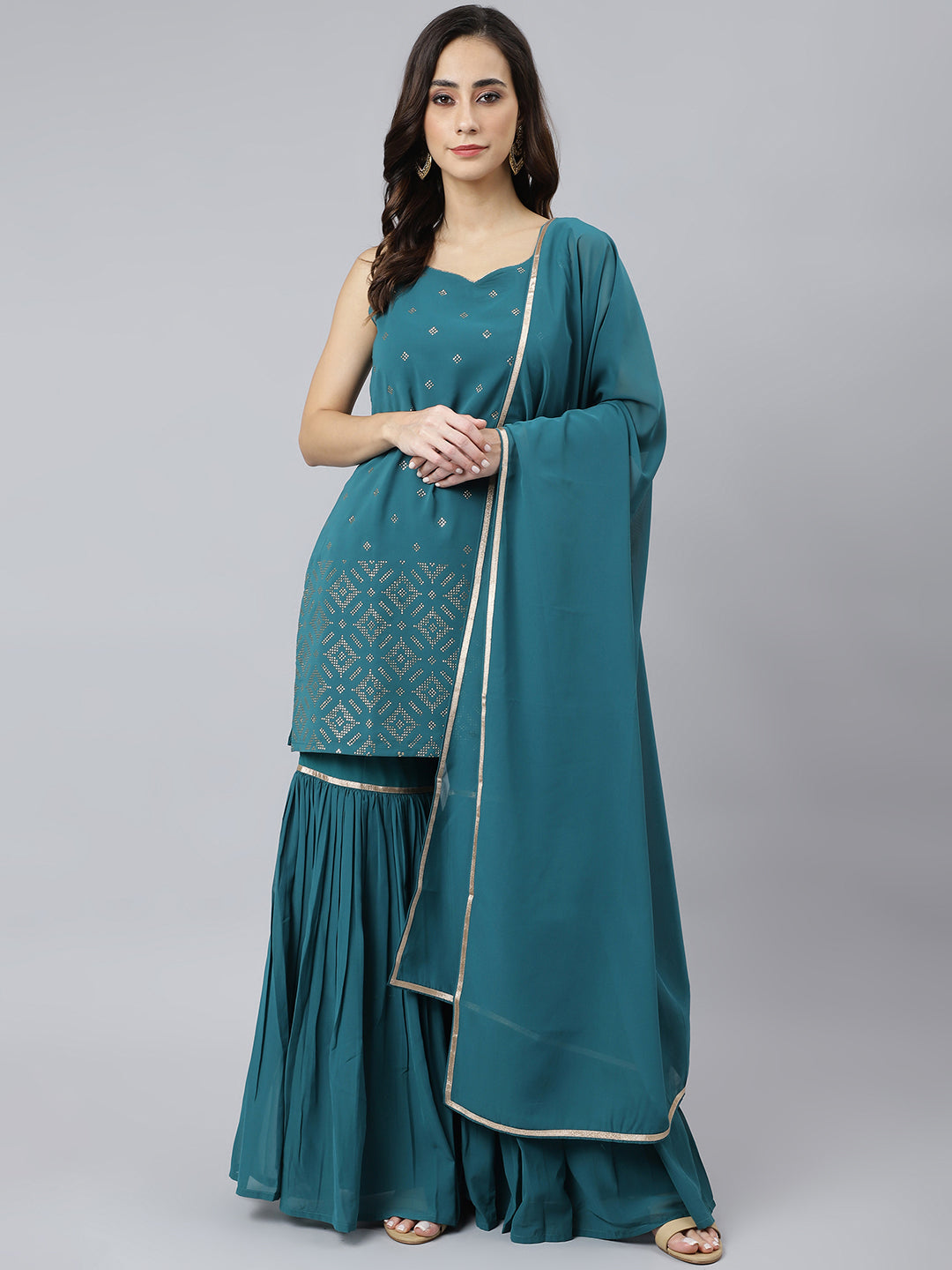 Janasya Women's Teal Georgette Embossed Gold Print Top With Gharara And Dupatta | Swadesiicart