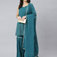Janasya Women's Teal Georgette Embossed Gold Print Top With Gharara And Dupatta | Swadesiicart