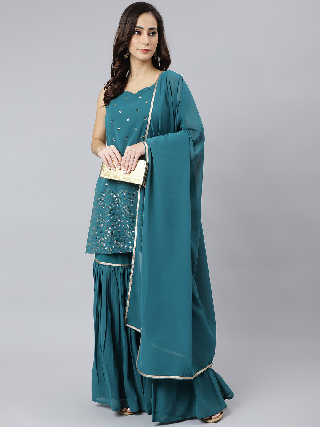 Janasya Women's Teal Georgette Embossed Gold Print Top With Gharara And Dupatta | Swadesiicart