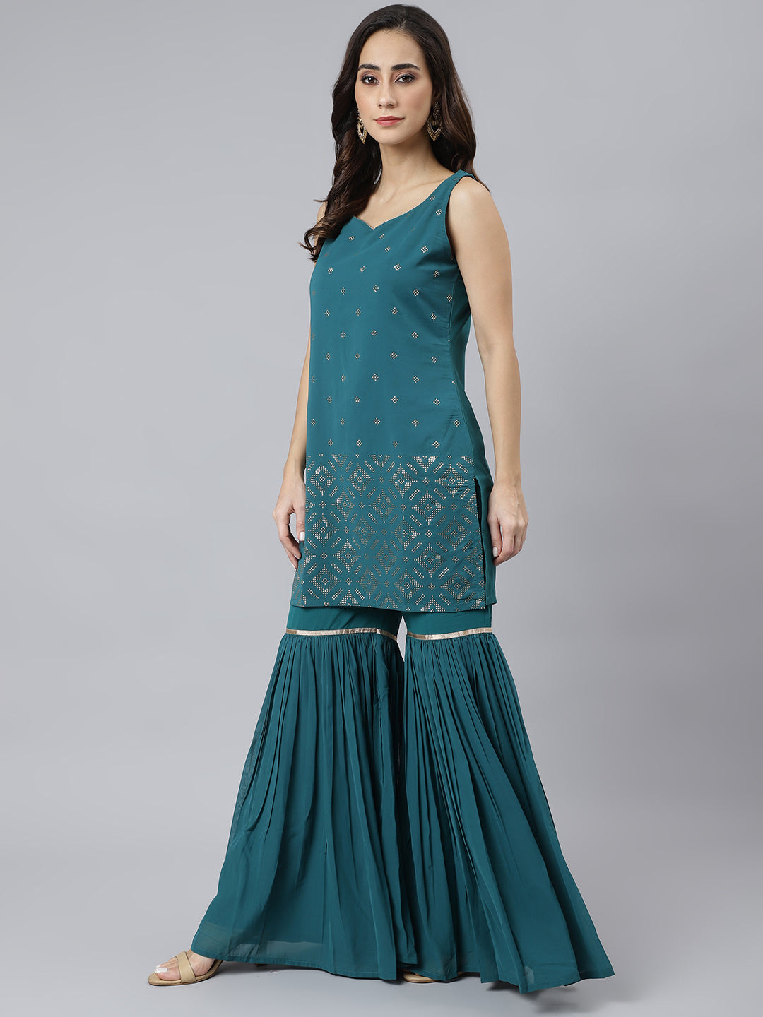 Janasya Women's Teal Georgette Embossed Gold Print Top With Gharara And Dupatta | Swadesiicart