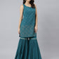 Janasya Women's Teal Georgette Embossed Gold Print Top With Gharara And Dupatta | Swadesiicart