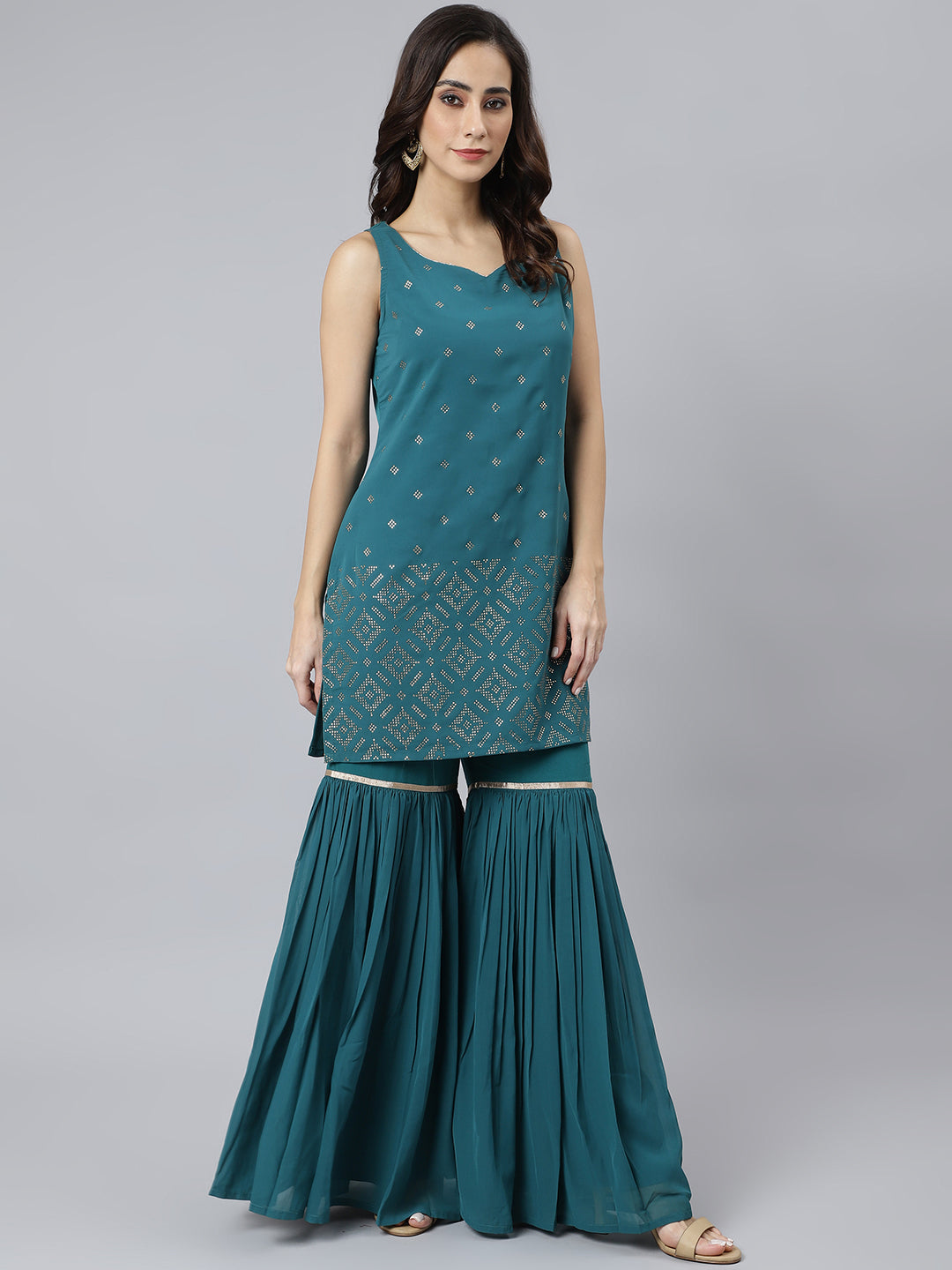 Janasya Women's Teal Georgette Embossed Gold Print Top With Gharara And Dupatta | Swadesiicart