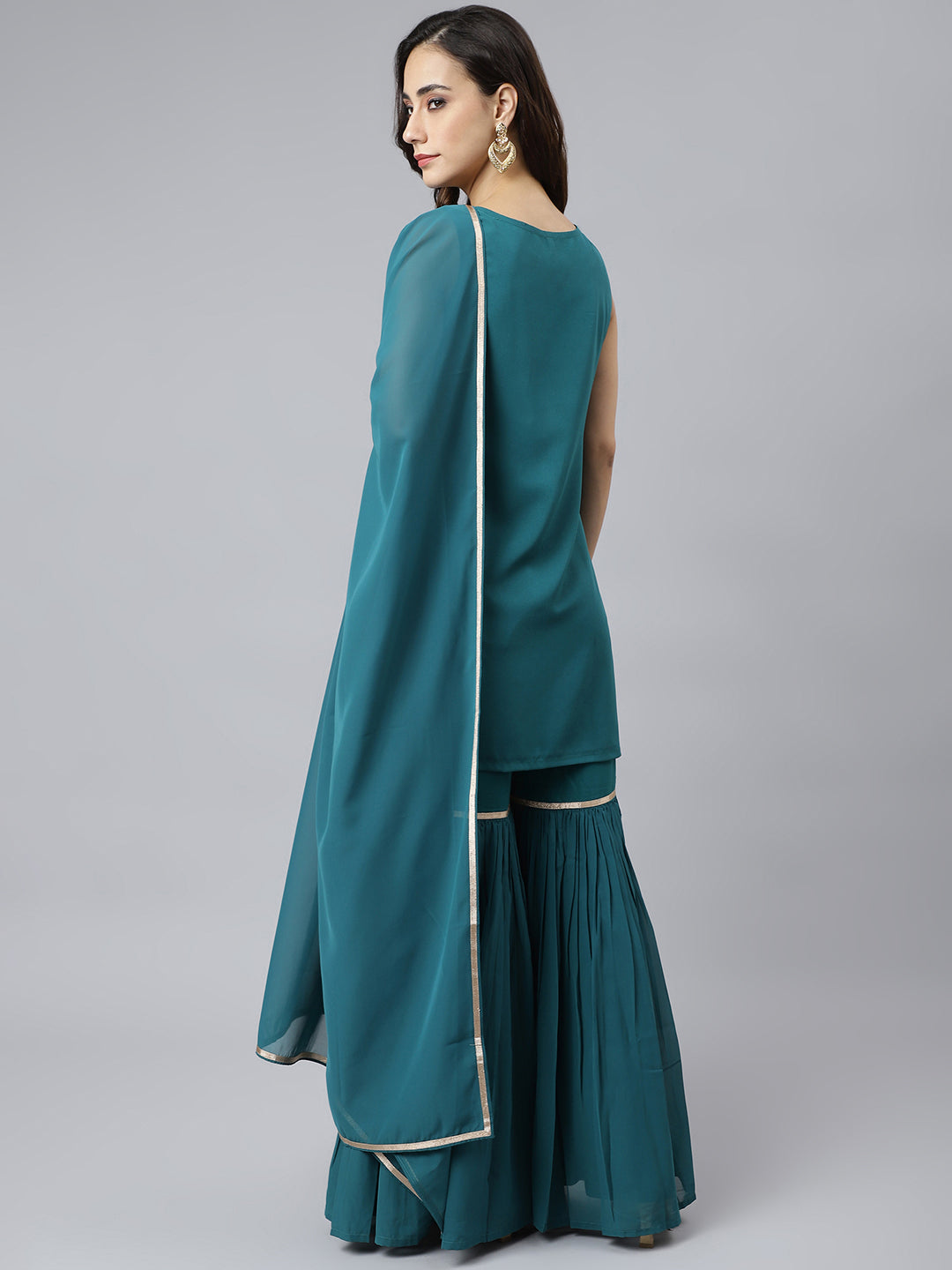 Janasya Women's Teal Georgette Embossed Gold Print Top With Gharara And Dupatta | Swadesiicart