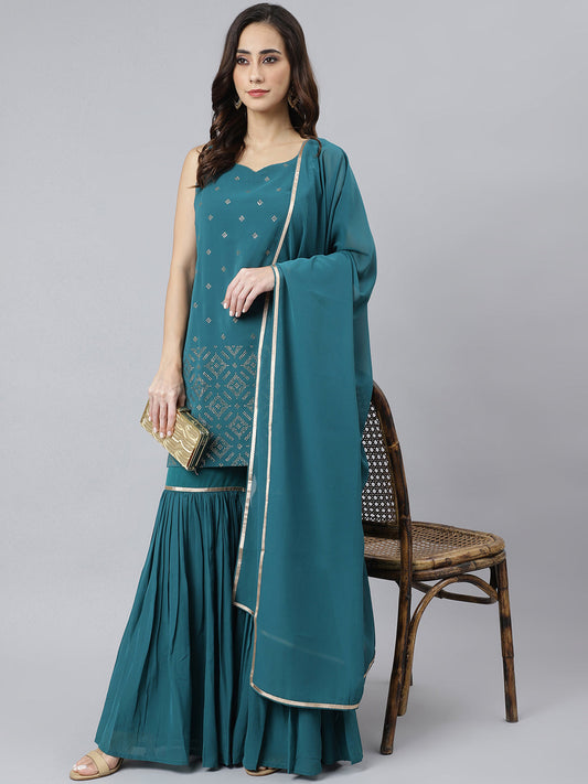 Janasya Women's Teal Georgette Embossed Gold Print Top With Gharara And Dupatta | Swadesiicart
