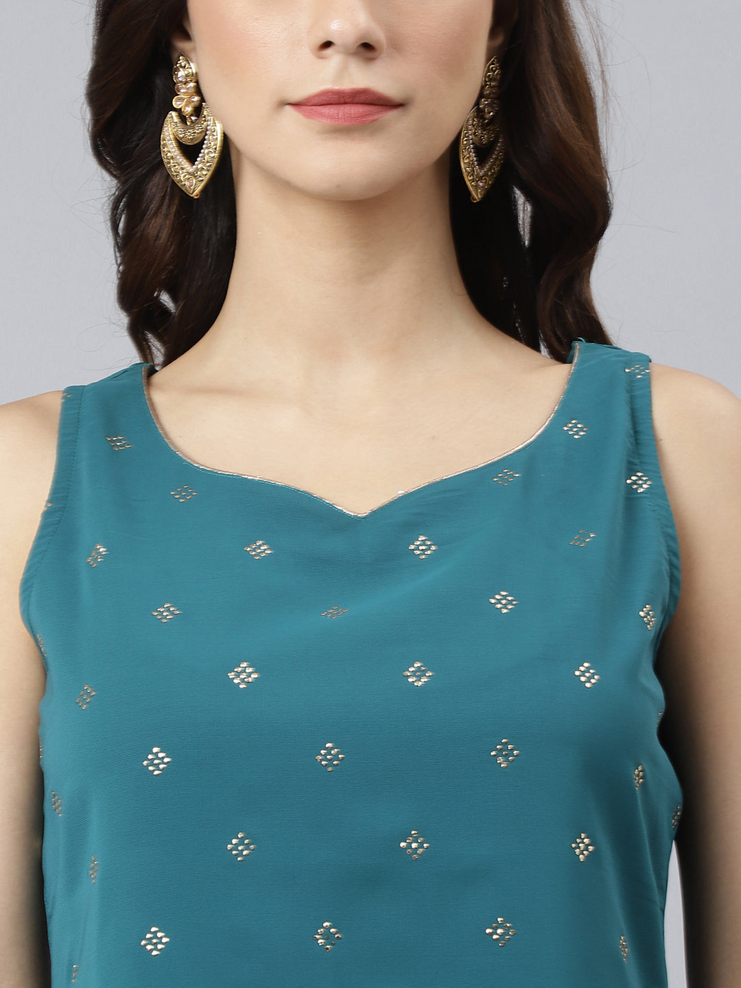 Janasya Women's Teal Georgette Embossed Gold Print Top With Gharara And Dupatta | Swadesiicart