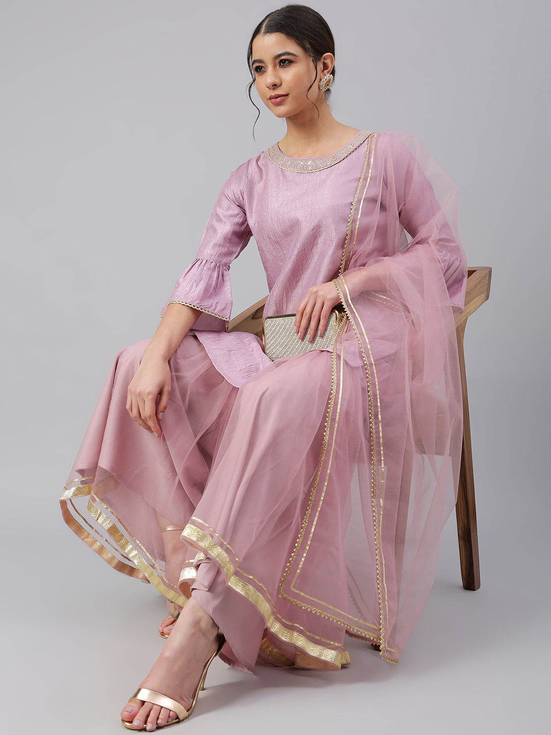 Janasya Women's Mauve Poly Silk Solid Kurta With Gharara And Dupatta | Swadesiicart