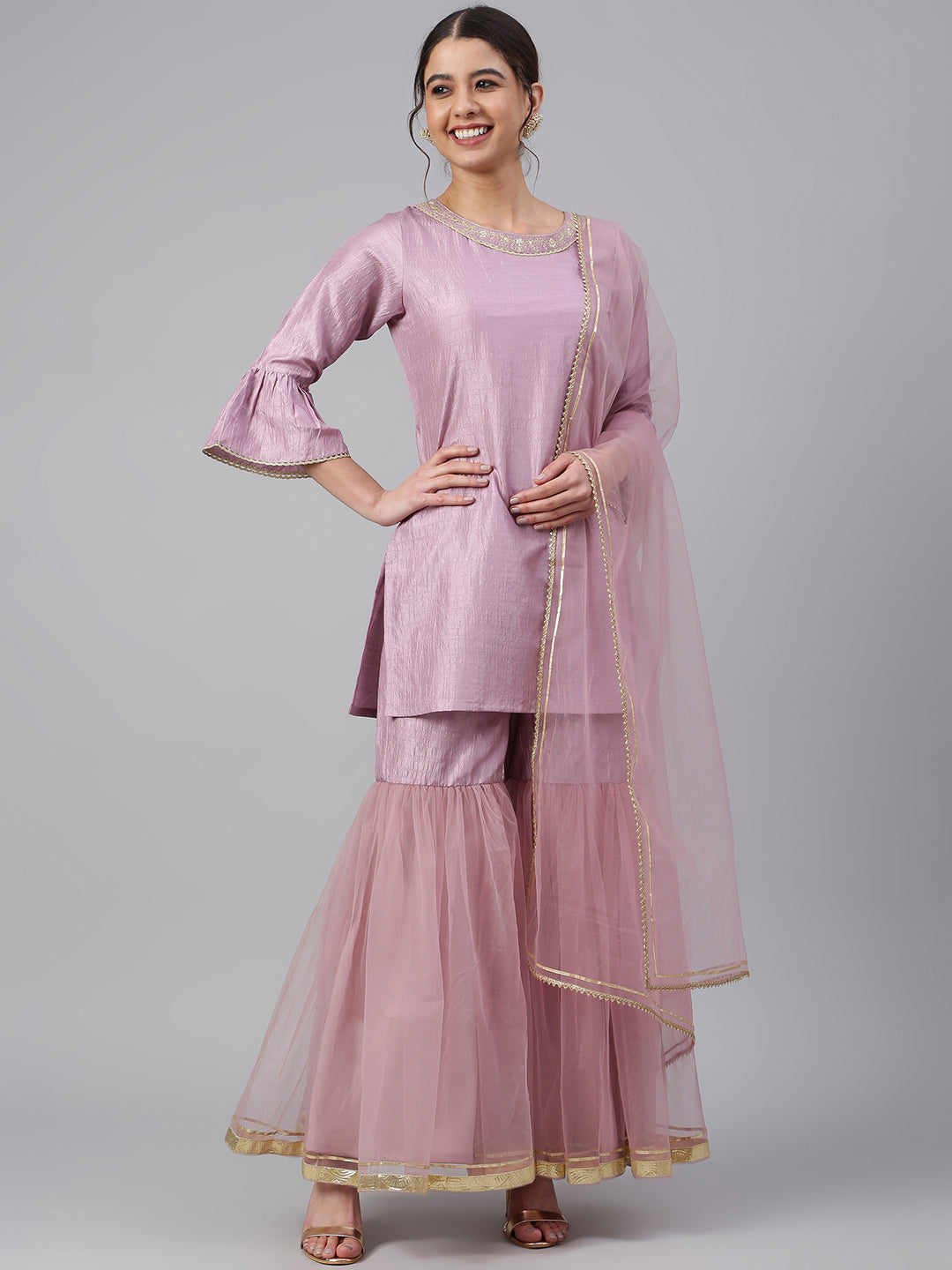 Janasya Women's Mauve Poly Silk Solid Kurta With Gharara And Dupatta | Swadesiicart