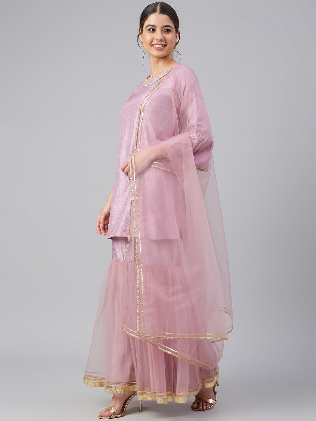 Janasya Women's Mauve Poly Silk Solid Kurta With Gharara And Dupatta | Swadesiicart