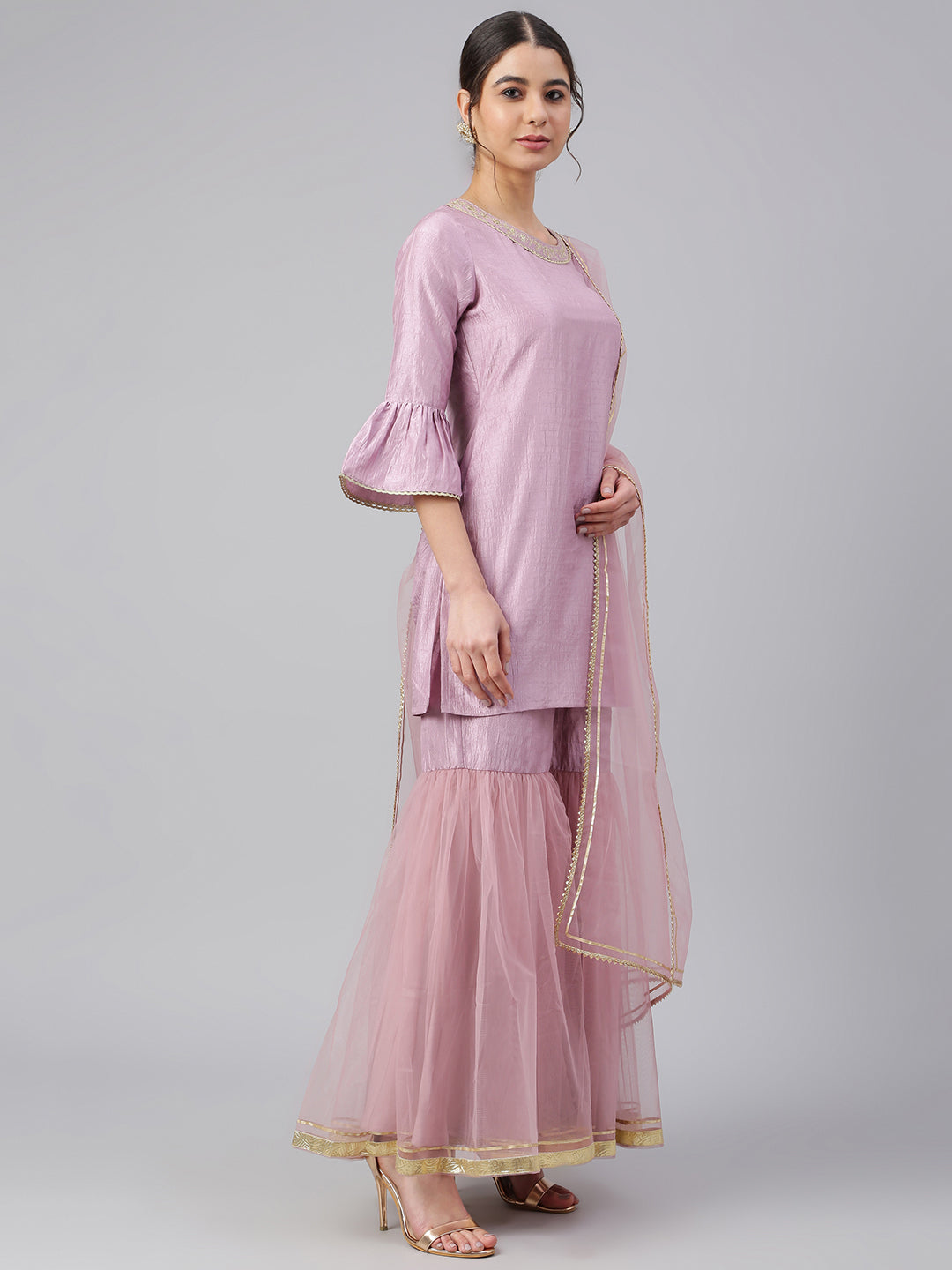 Janasya Women's Mauve Poly Silk Solid Kurta With Gharara And Dupatta | Swadesiicart