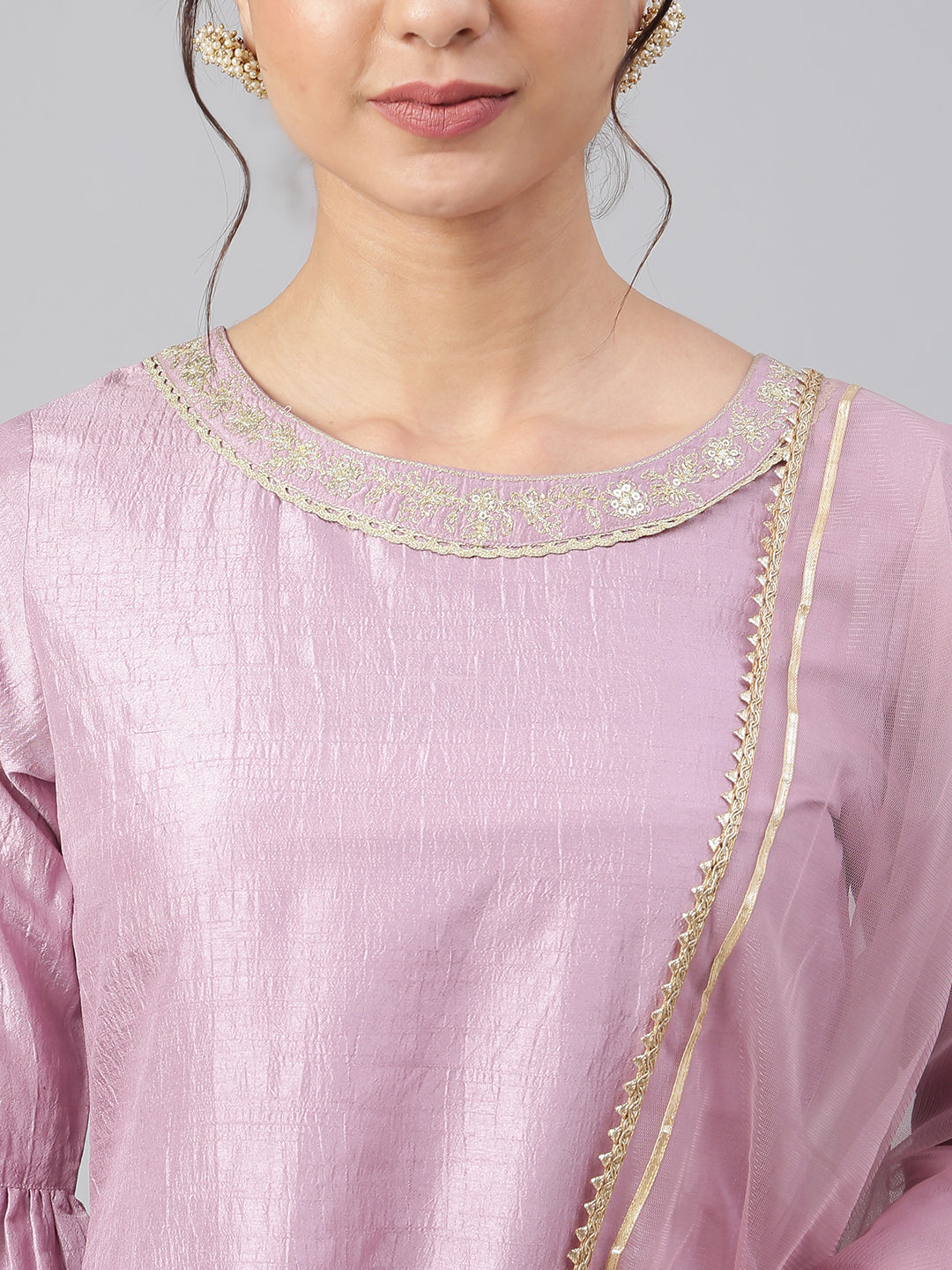 Janasya Women's Mauve Poly Silk Solid Kurta With Gharara And Dupatta | Swadesiicart