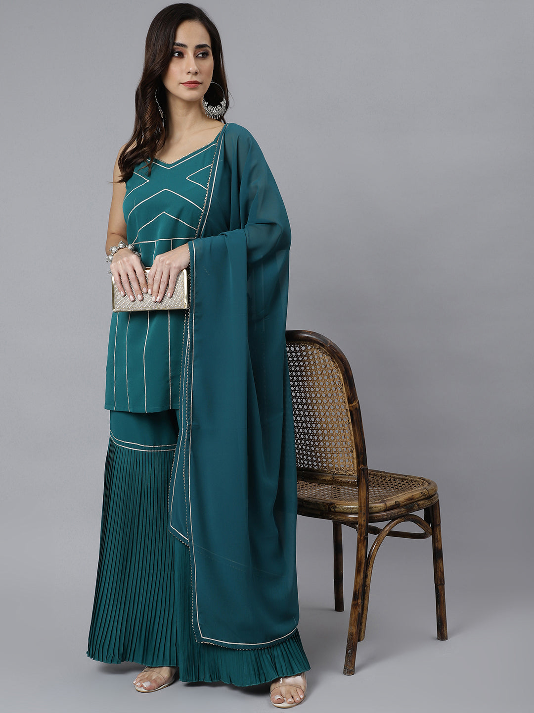 Janasya Women's Teal Green Crepe Gotta Lace Kurta With Sharara And Dupatta | Swadesiicart