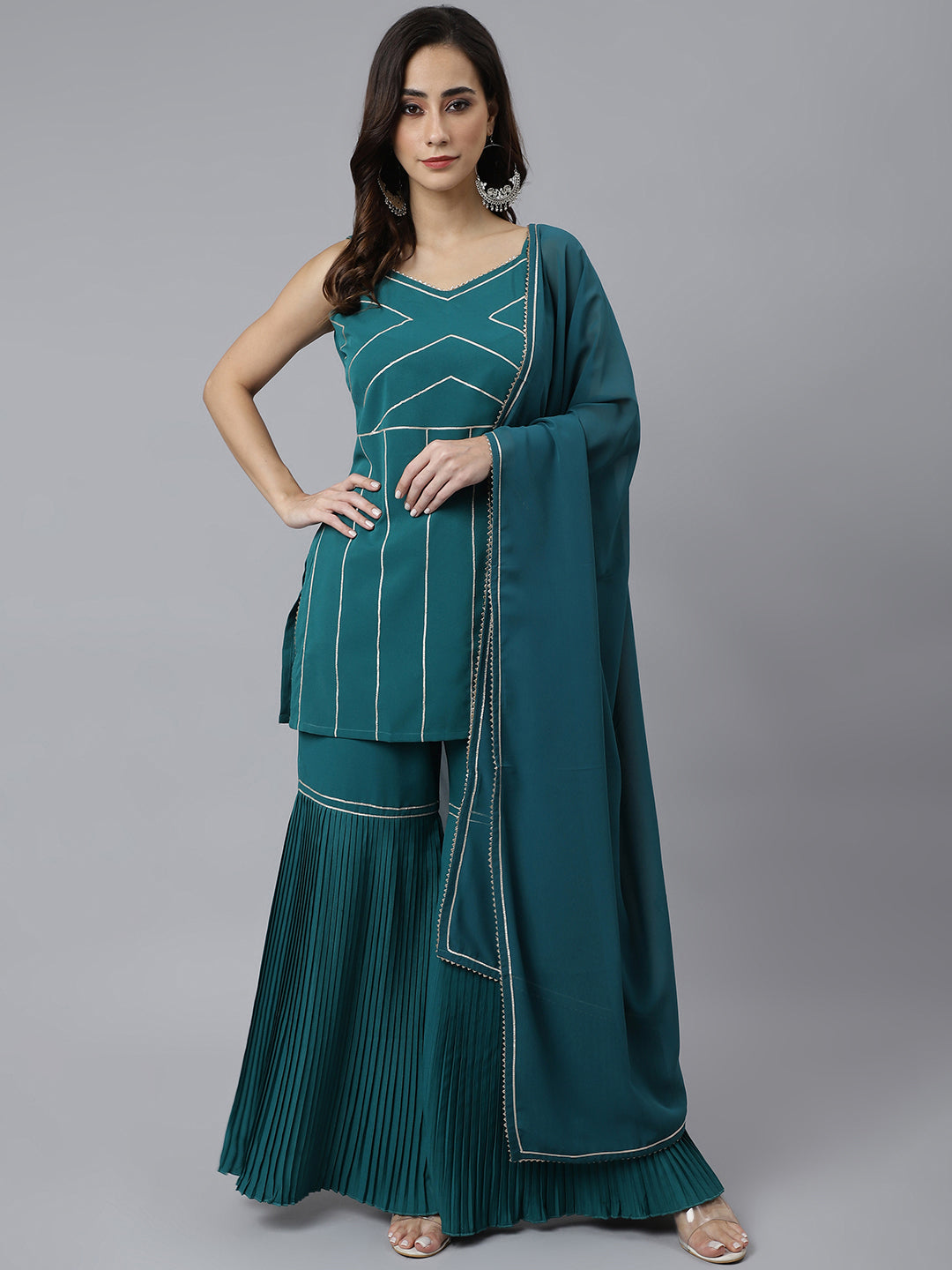 Janasya Women's Teal Green Crepe Gotta Lace Kurta With Sharara And Dupatta | Swadesiicart
