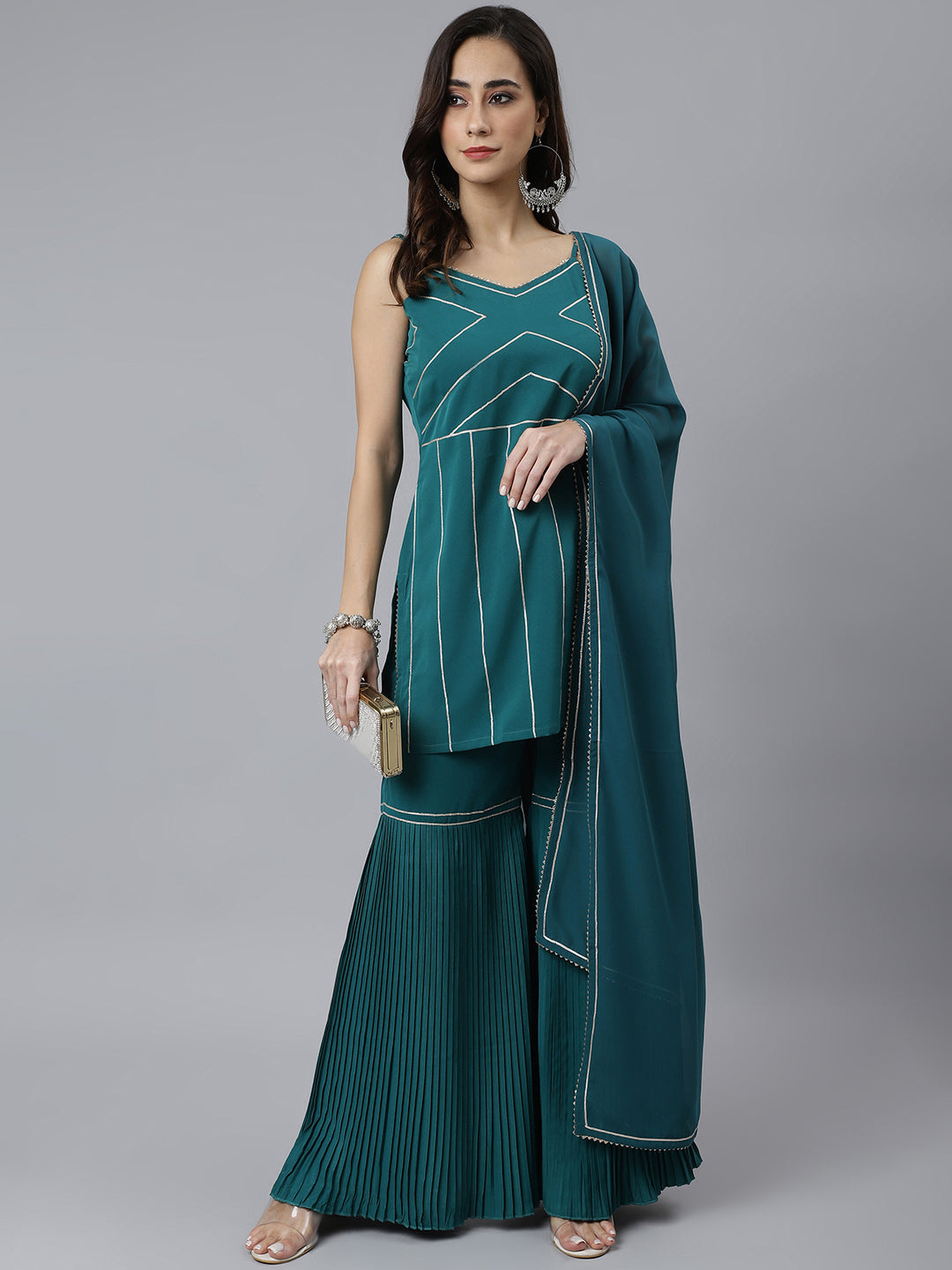 Janasya Women's Teal Green Crepe Gotta Lace Kurta With Sharara And Dupatta | Swadesiicart