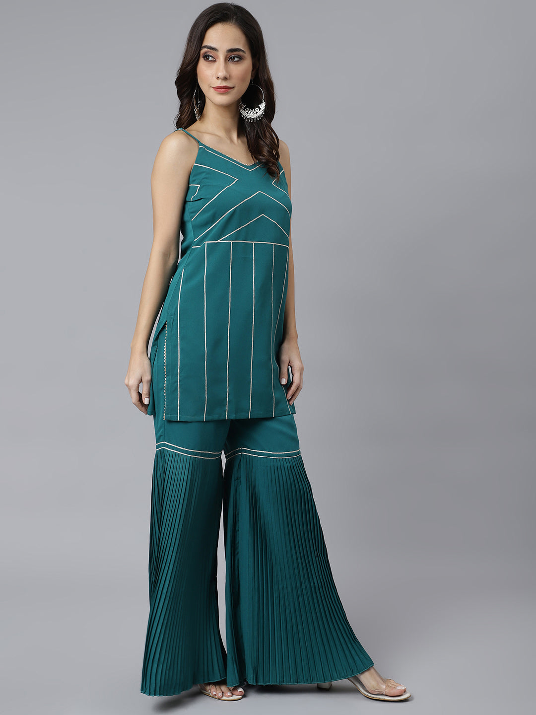 Janasya Women's Teal Green Crepe Gotta Lace Kurta With Sharara And Dupatta | Swadesiicart