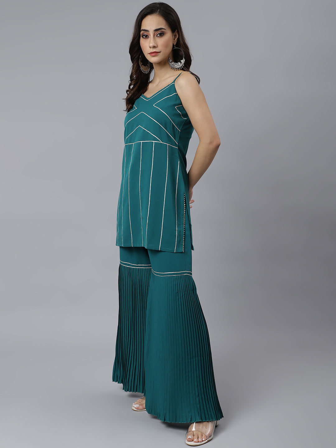 Janasya Women's Teal Green Crepe Gotta Lace Kurta With Sharara And Dupatta | Swadesiicart
