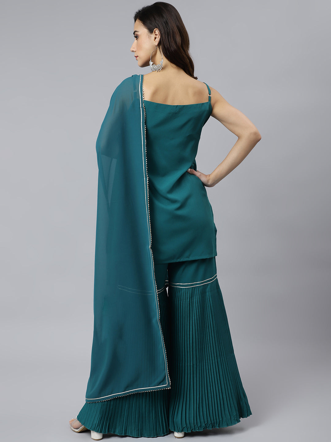 Janasya Women's Teal Green Crepe Gotta Lace Kurta With Sharara And Dupatta | Swadesiicart