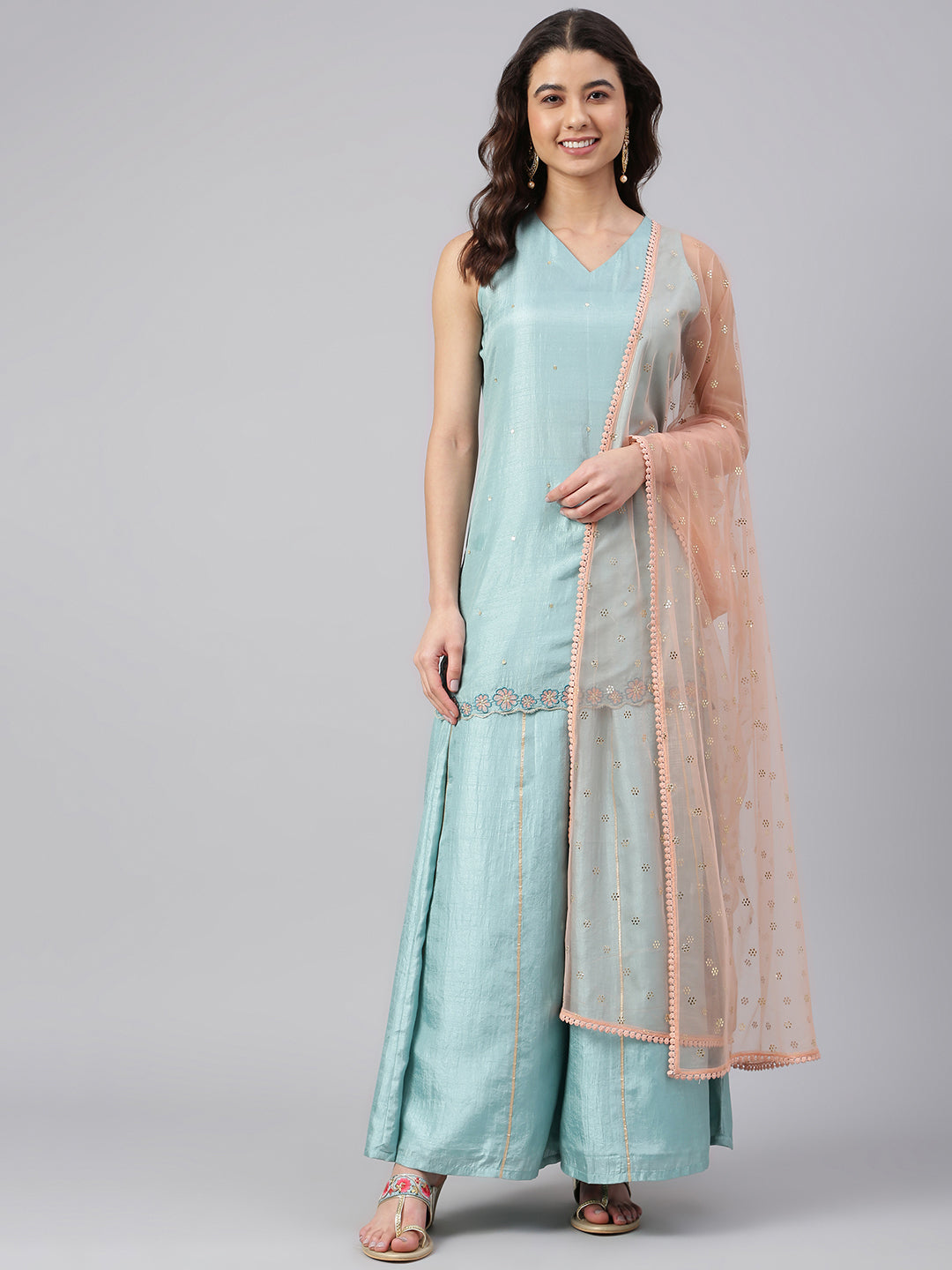 Janasya Women's Sea Green Poly Silk Embroidered Kurta With Sharara And Dupatta | Swadesiicart