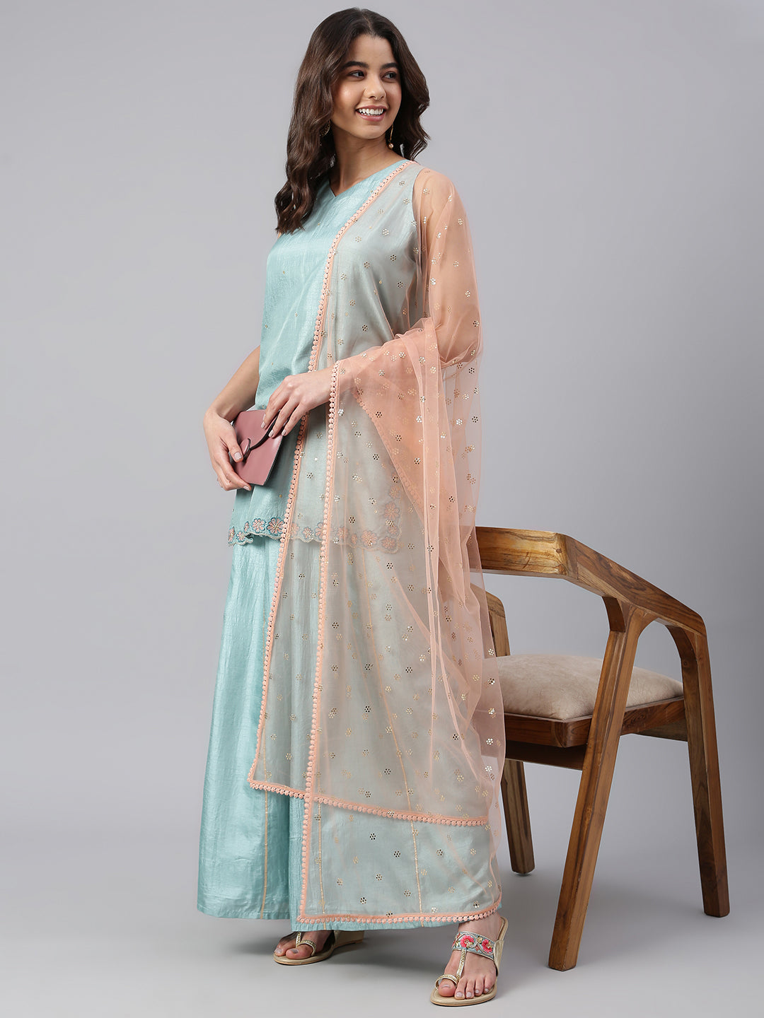 Janasya Women's Sea Green Poly Silk Embroidered Kurta With Sharara And Dupatta | Swadesiicart