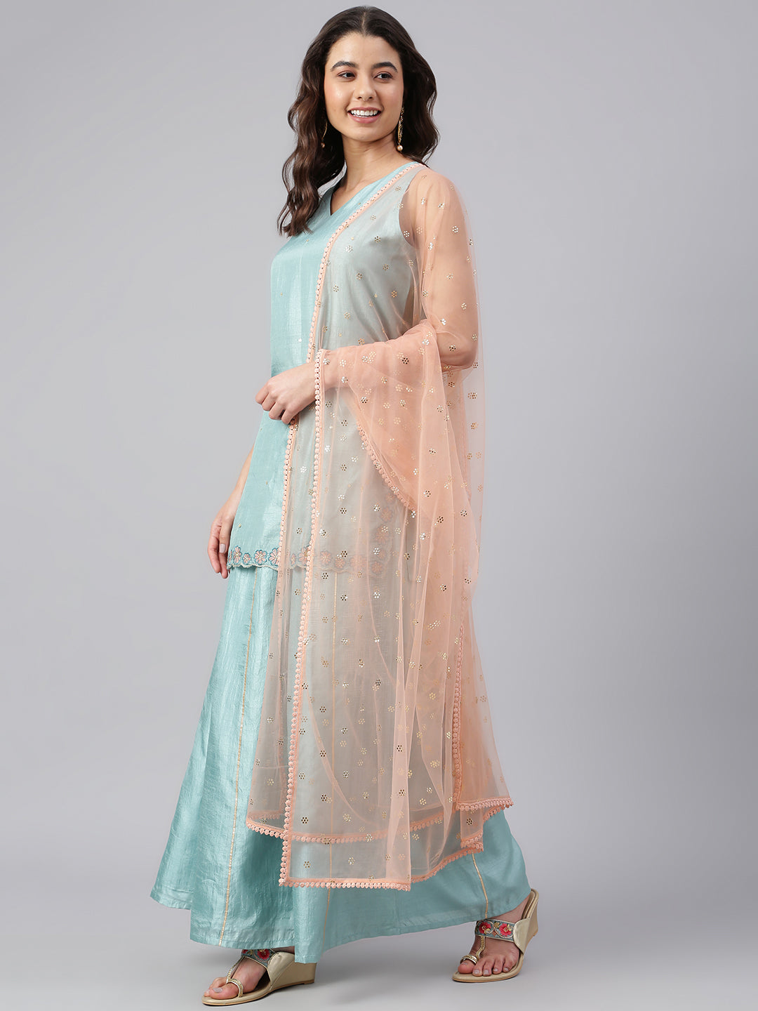 Janasya Women's Sea Green Poly Silk Embroidered Kurta With Sharara And Dupatta | Swadesiicart