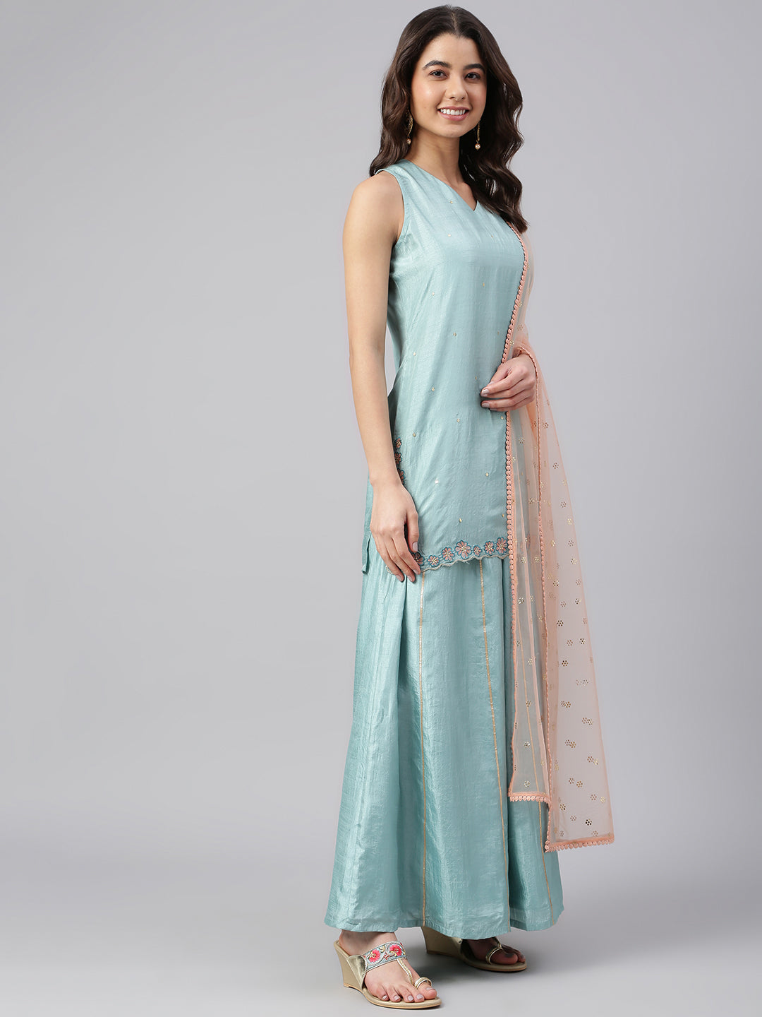 Janasya Women's Sea Green Poly Silk Embroidered Kurta With Sharara And Dupatta | Swadesiicart