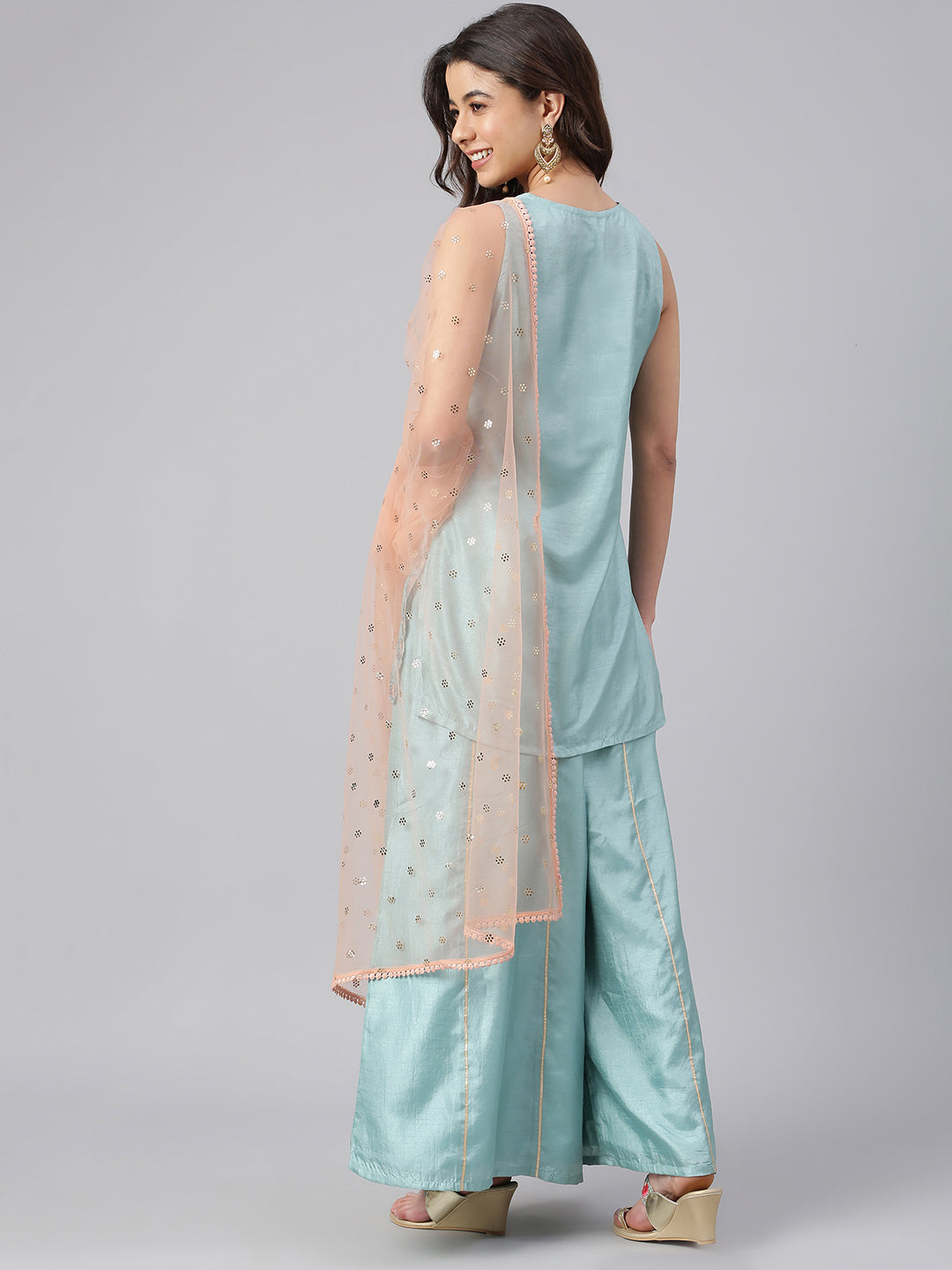 Janasya Women's Sea Green Poly Silk Embroidered Kurta With Sharara And Dupatta | Swadesiicart
