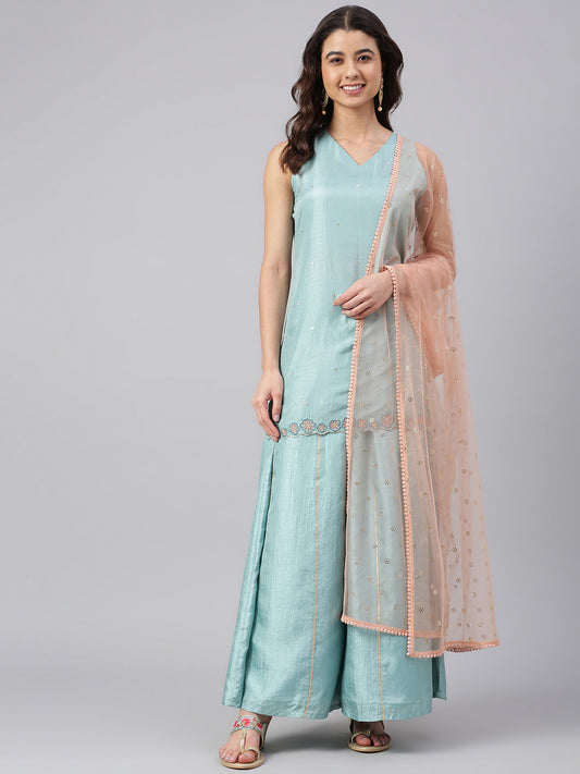 Janasya Women's Sea Green Poly Silk Embroidered Kurta With Sharara And Dupatta | Swadesiicart