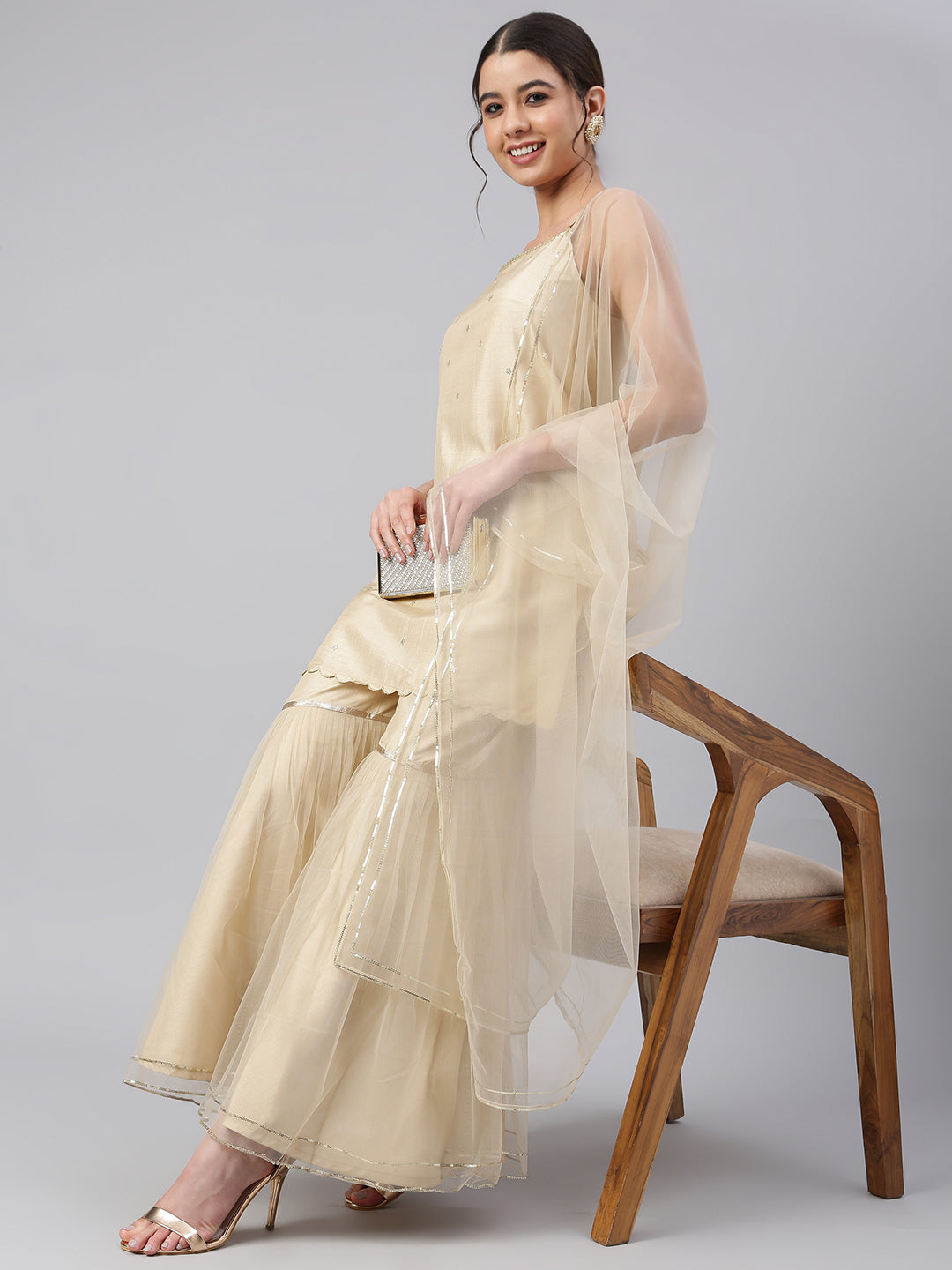 Janasya Women's Beige Poly Silk Embellished Kurta With Gharara And Dupatta | Swadesiicart
