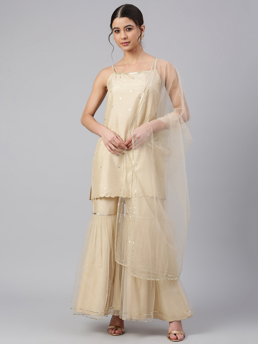 Janasya Women's Beige Poly Silk Embellished Kurta With Gharara And Dupatta | Swadesiicart