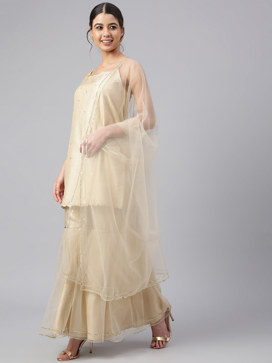 Janasya Women's Beige Poly Silk Embellished Kurta With Gharara And Dupatta | Swadesiicart