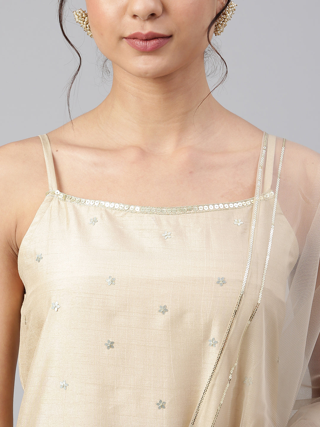 Janasya Women's Beige Poly Silk Embellished Kurta With Gharara And Dupatta | Swadesiicart