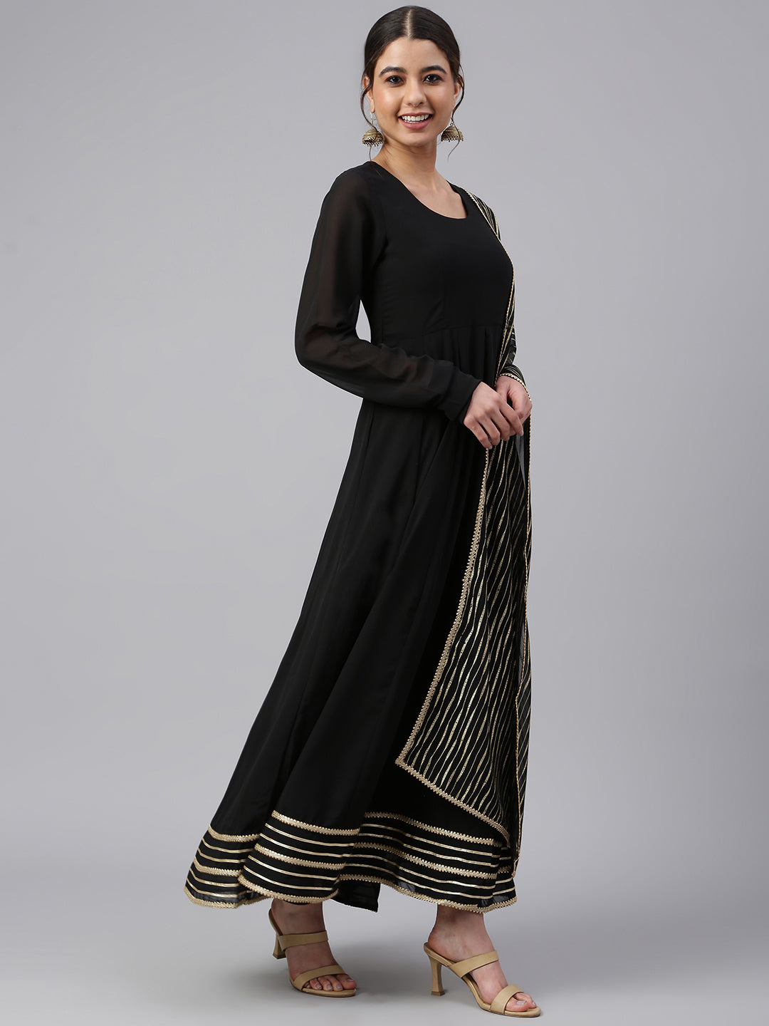 Janasya Women's Black Georgette Solid Kurta With Dupatta | Swadesiicart
