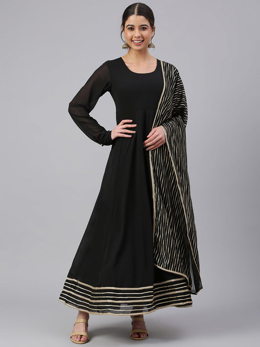 Janasya Women's Black Georgette Solid Kurta With Dupatta | Swadesiicart