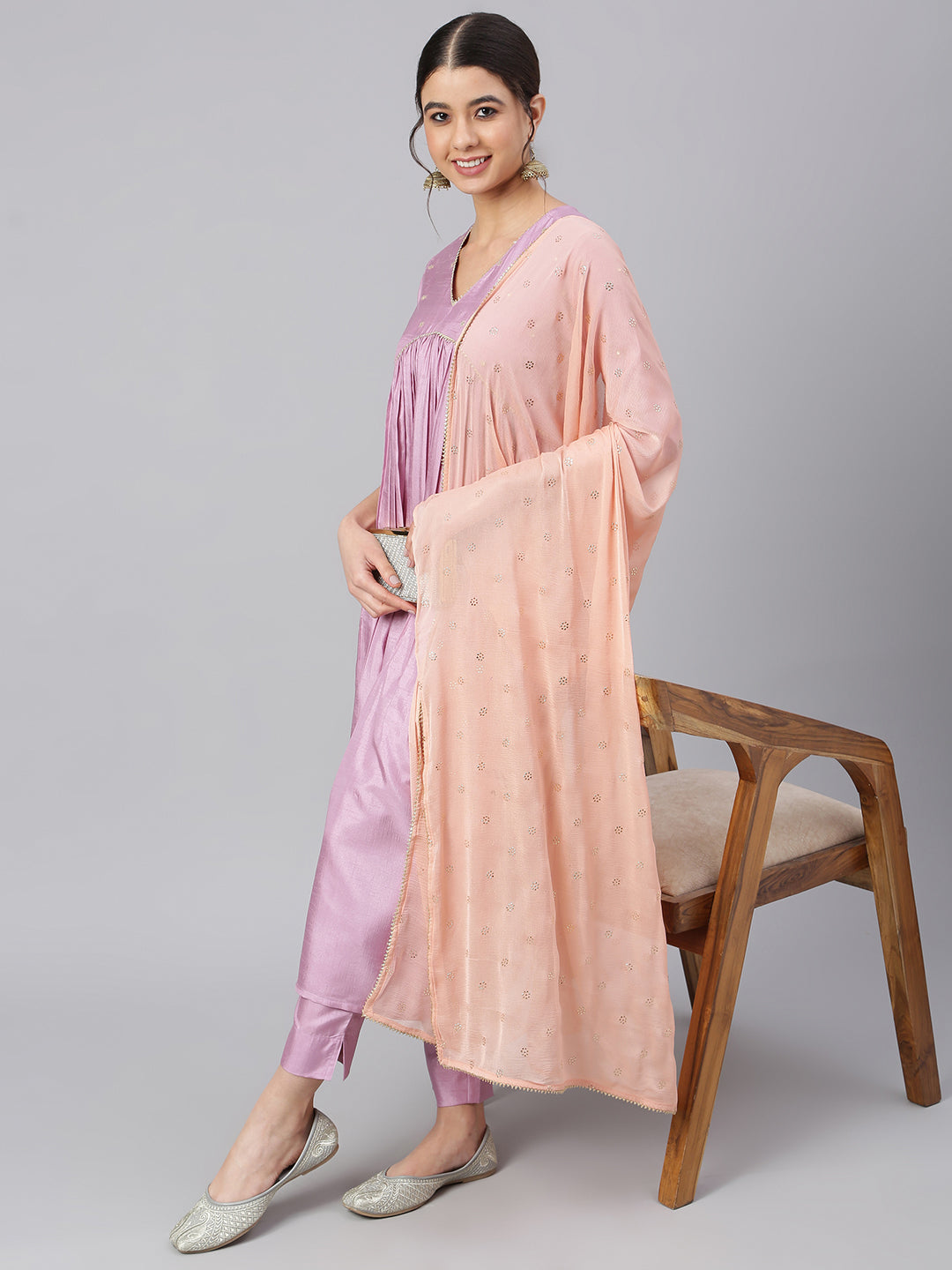 Janasya Women's Mauve Poly Silk Solid Kurta With Pant And Dupatta | Swadesiicart