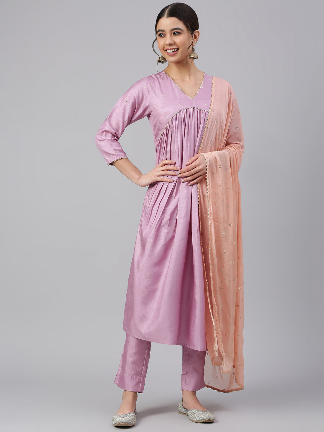 Janasya Women's Mauve Poly Silk Solid Kurta With Pant And Dupatta | Swadesiicart