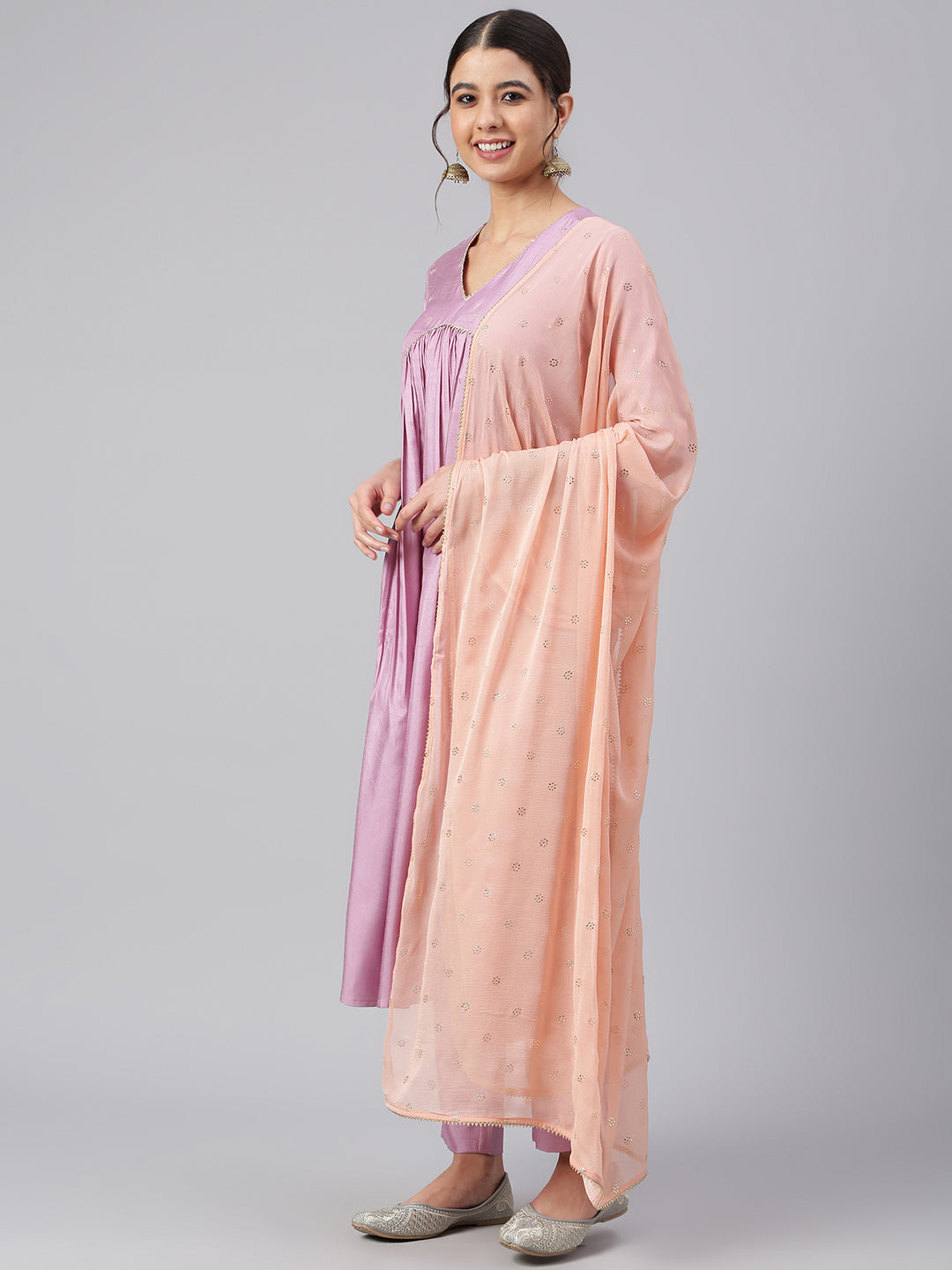 Janasya Women's Mauve Poly Silk Solid Kurta With Pant And Dupatta | Swadesiicart