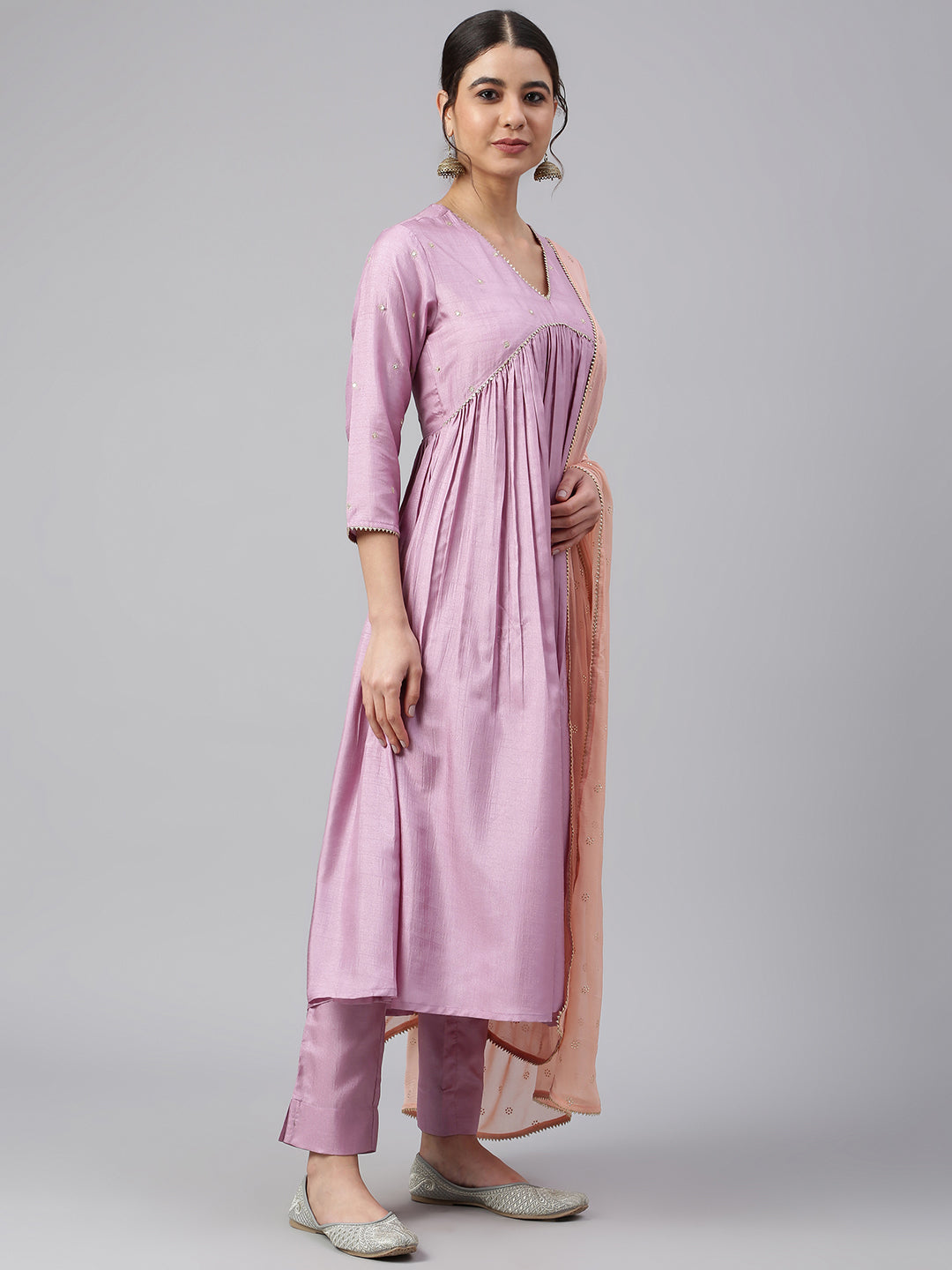 Janasya Women's Mauve Poly Silk Solid Kurta With Pant And Dupatta | Swadesiicart
