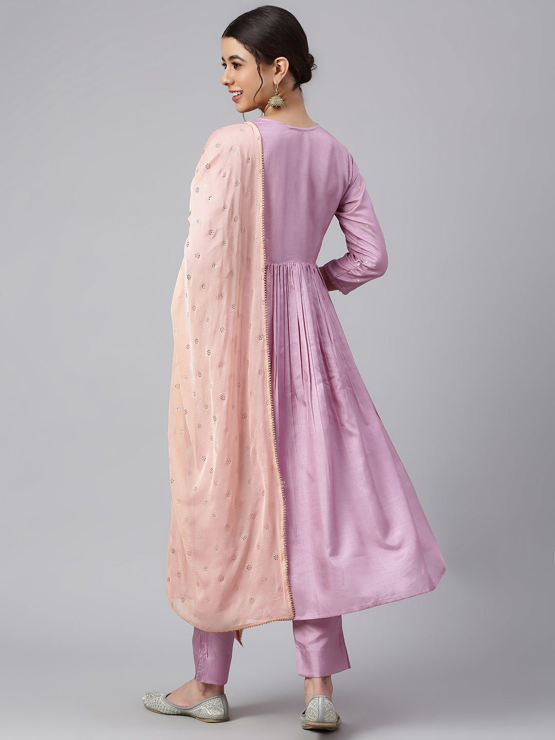 Janasya Women's Mauve Poly Silk Solid Kurta With Pant And Dupatta | Swadesiicart