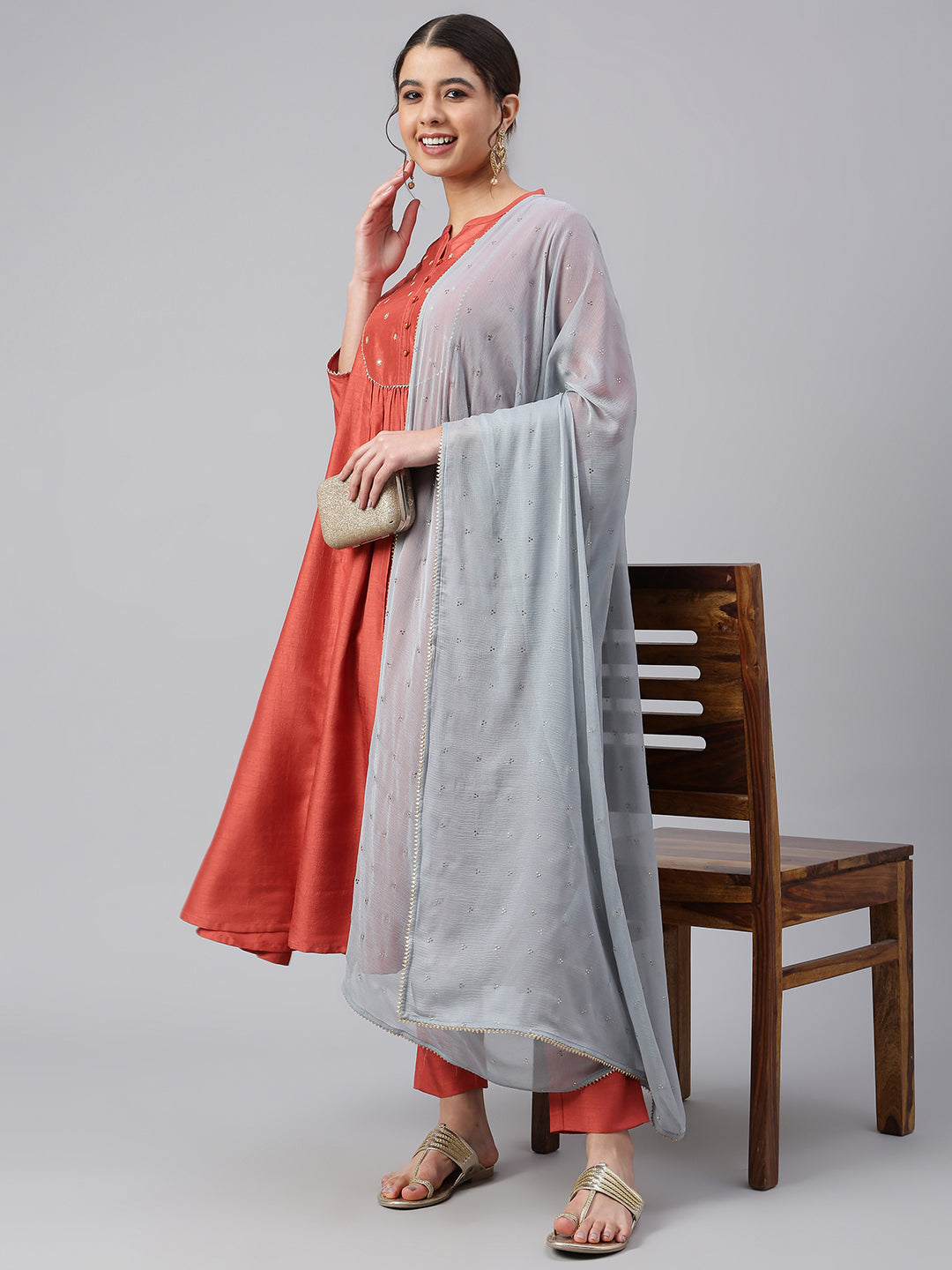 Janasya Women's Rust Dola Silk Solid Kurta With Pant And Dupatta | Swadesiicart