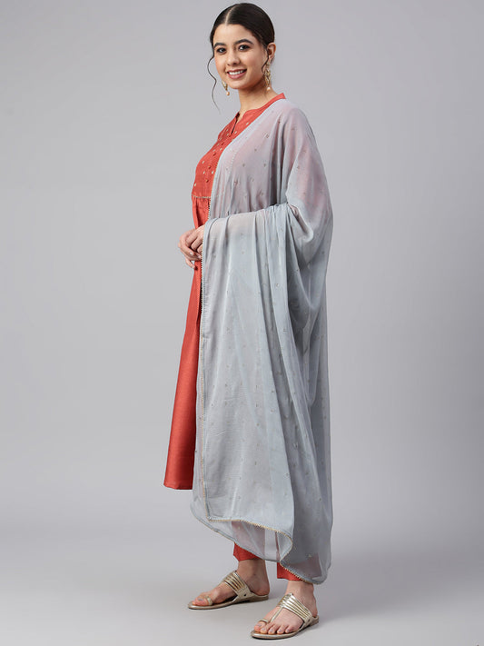 Janasya Women's Rust Dola Silk Solid Kurta With Pant And Dupatta | Swadesiicart