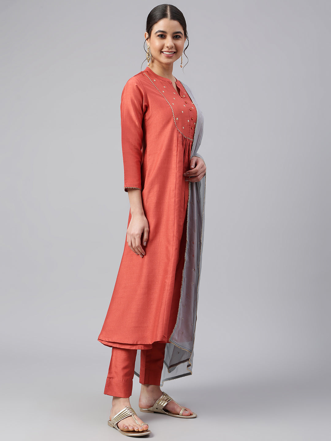 Janasya Women's Rust Dola Silk Solid Kurta With Pant And Dupatta | Swadesiicart