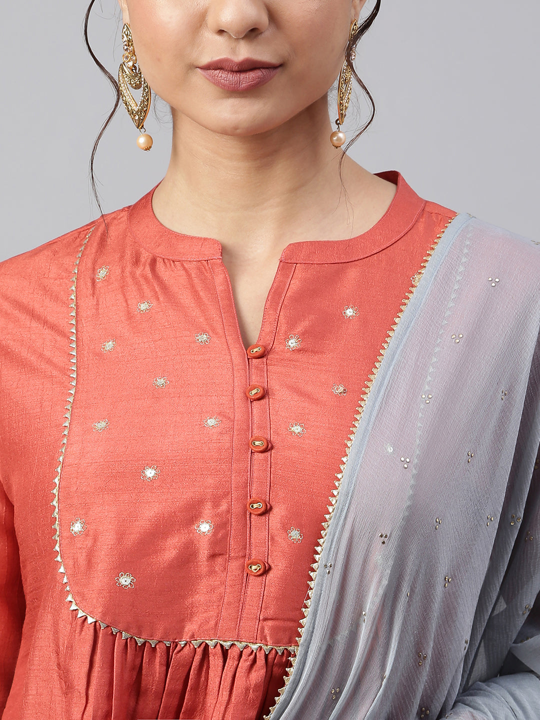 Janasya Women's Rust Dola Silk Solid Kurta With Pant And Dupatta | Swadesiicart