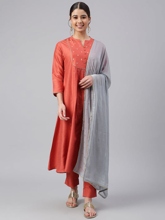 Janasya Women's Rust Dola Silk Solid Kurta With Pant And Dupatta | Swadesiicart