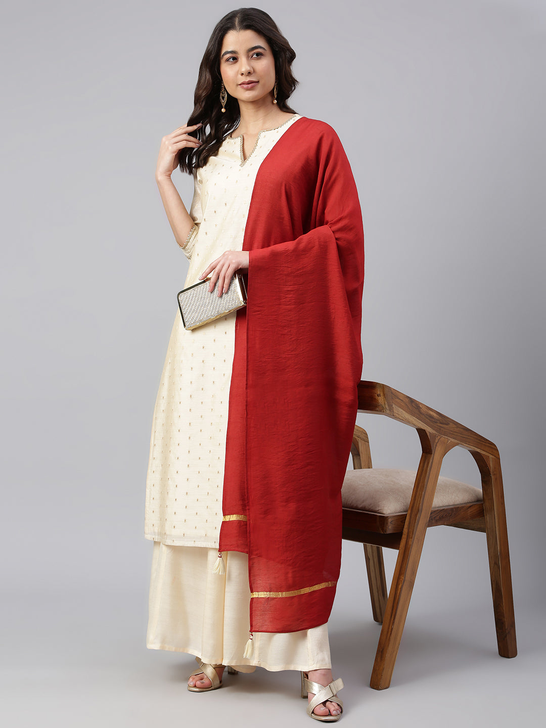 Janasya Women's Beige Chanderi Silk Woven Kurta With Palazzo And Dupatta | Swadesiicart