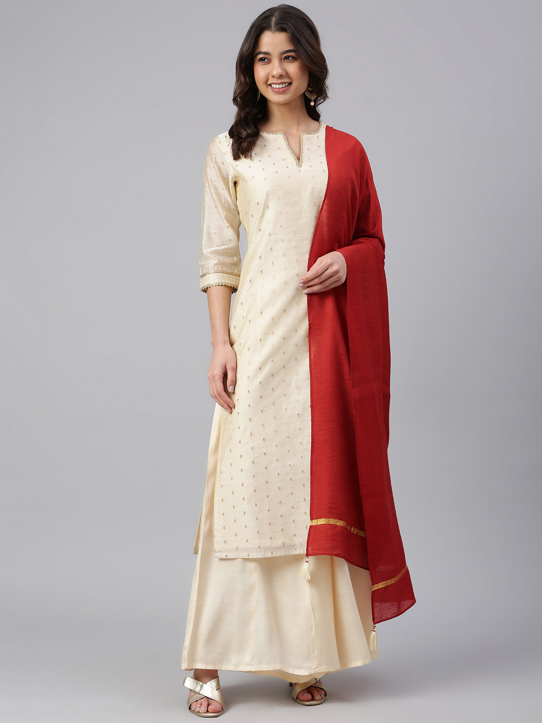 Janasya Women's Beige Chanderi Silk Woven Kurta With Palazzo And Dupatta | Swadesiicart